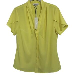 CALVIN KLEIN NWT Yellow Flutter Sleeve V-Neck Button Down Blouse M